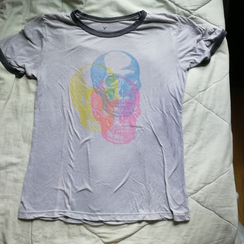 AMERICAN EAGLE Tri colour Skull graphic ringer tee